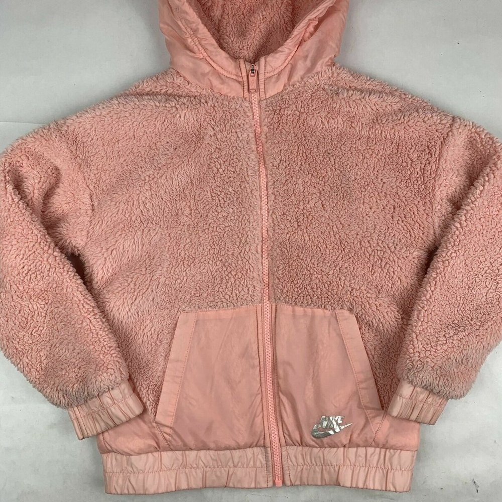 Nike Girl's Sherpa Full Zip Hooded Jacket Coat Light Pink Large CZ4624 NEW w TAG